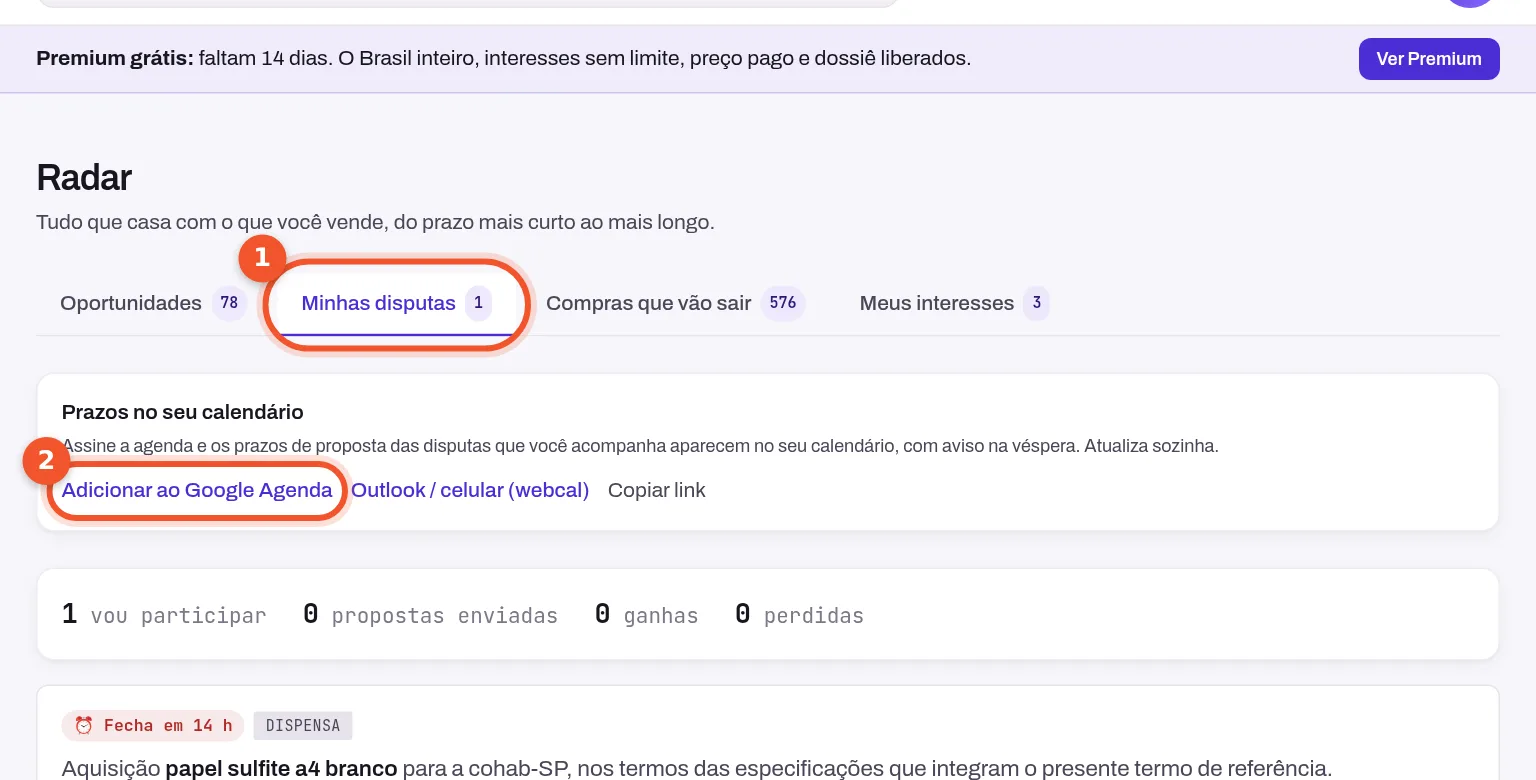 Minhas disputas no Licitado com as licitações acompanhadas e seus prazos