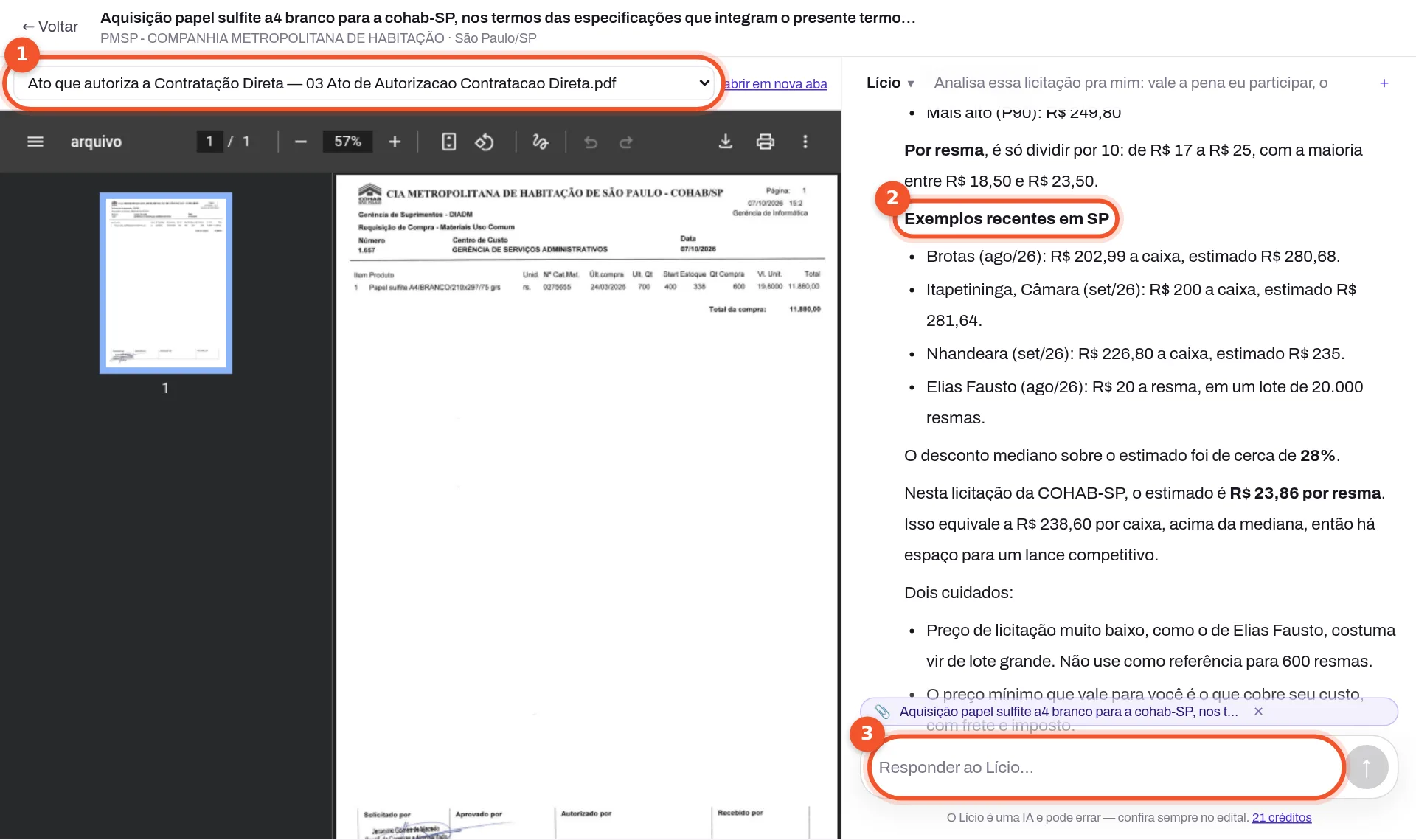 Lício, o assistente de IA do Licitado, analisando um edital